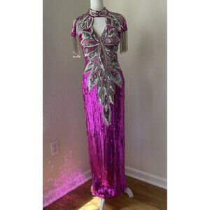 Vintage 90s Sequin Silk Formal Dress Small / Medium Magenta Silver Western Glam